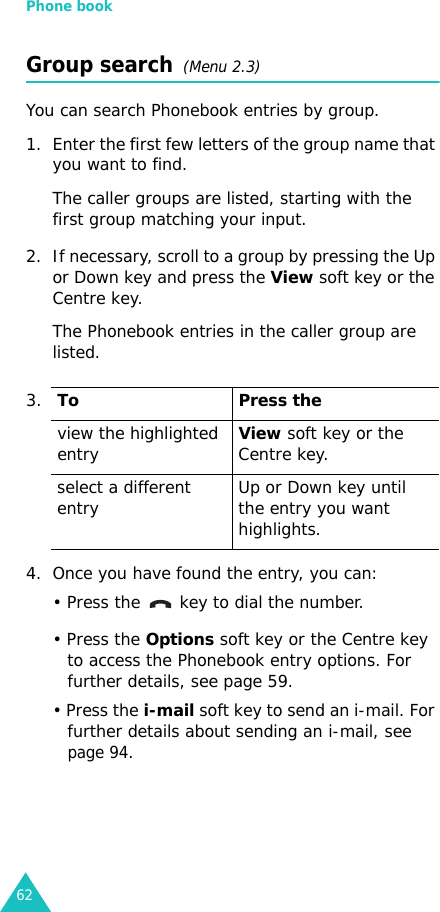 Phone book62Group search  (Menu 2.3)You can search Phonebook entries by group.1. Enter the first few letters of the group name that you want to find.The caller groups are listed, starting with the first group matching your input. 2. If necessary, scroll to a group by pressing the Up or Down key and press the View soft key or the Centre key.The Phonebook entries in the caller group are listed.4. Once you have found the entry, you can:• Press the   key to dial the number.• Press the Options soft key or the Centre key to access the Phonebook entry options. For further details, see page 59. • Press the i-mail soft key to send an i-mail. For further details about sending an i-mail, see page 94.3.To Press theview the highlighted entryView soft key or the Centre key.select a different entry Up or Down key until the entry you want highlights.