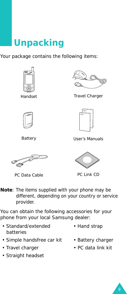 9UnpackingYour package contains the following items:Note: The items supplied with your phone may be different, depending on your country or service provider.You can obtain the following accessories for your phone from your local Samsung dealer: Handset Travel ChargerBattery User’s ManualsPC Data Cable PC Link CD• Standard/extended batteries • Hand strap• Simple handsfree car kit • Battery charger• Travel charger • PC data link kit• Straight headset