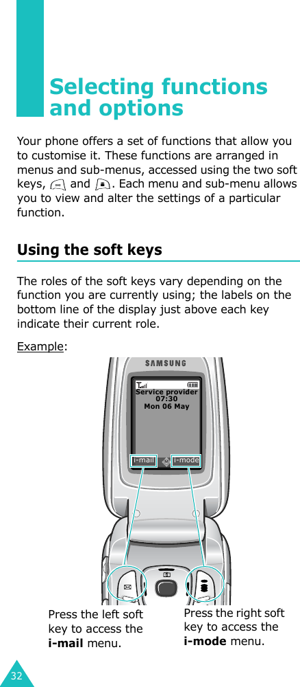 32Selecting functions and optionsYour phone offers a set of functions that allow you to customise it. These functions are arranged in menus and sub-menus, accessed using the two soft keys,   and  . Each menu and sub-menu allows you to view and alter the settings of a particular function.Using the soft keysThe roles of the soft keys vary depending on the function you are currently using; the labels on the bottom line of the display just above each key indicate their current role.Example:i-mail        i-modeService provider07:30Mon 06 May Press the left soft key to access the i-mail menu.Press the right soft key to access the i-mode menu.