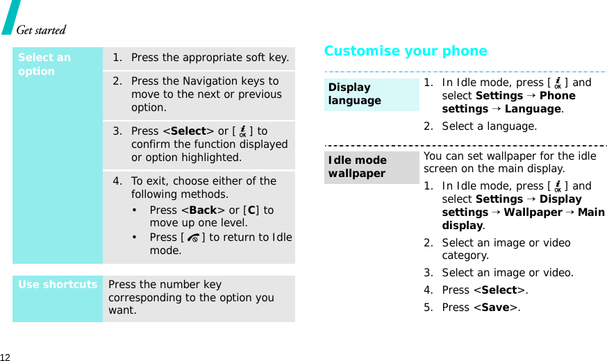 12Get startedCustomise your phoneSelect an option1. Press the appropriate soft key.2. Press the Navigation keys to move to the next or previous option.3. Press &lt;Select&gt; or [ ] to confirm the function displayed or option highlighted.4. To exit, choose either of the following methods.• Press &lt;Back&gt; or [C] to move up one level.• Press [ ] to return to Idle mode.Use shortcutsPress the number key corresponding to the option you want.1. In Idle mode, press [ ] and select Settings → Phone settings → Language.2. Select a language.You can set wallpaper for the idle screen on the main display.1. In Idle mode, press [ ] and select Settings → Display settings → Wallpaper → Main display.2. Select an image or video category.3. Select an image or video.4. Press &lt;Select&gt;.5. Press &lt;Save&gt;.Display languageIdle mode wallpaper