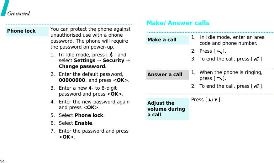14Get startedMake/Answer callsYou can protect the phone against unauthorised use with a phone password. The phone will require the password on power-up.1. In Idle mode, press [ ] and select Settings → Security → Change password.2. Enter the default password, 00000000, and press &lt;OK&gt;.3. Enter a new 4- to 8-digit password and press &lt;OK&gt;.4. Enter the new password again and press &lt;OK&gt;.5. Select Phone lock.6. Select Enable.7. Enter the password and press &lt;OK&gt;.Phone lock1. In Idle mode, enter an area code and phone number.2. Press [ ].3. To end the call, press [ ].1. When the phone is ringing, press [ ].2. To end the call, press [ ].Press [ / ].Make a callAnswer a callAdjust the volume during a call