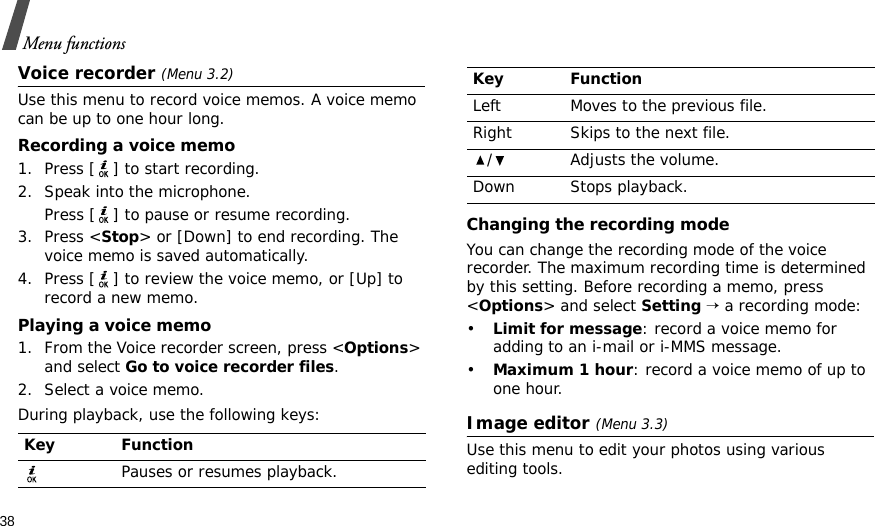 38Menu functionsVoice recorder (Menu 3.2)Use this menu to record voice memos. A voice memo can be up to one hour long.Recording a voice memo1. Press [ ] to start recording.2. Speak into the microphone. Press [ ] to pause or resume recording.3. Press &lt;Stop&gt; or [Down] to end recording. The voice memo is saved automatically.4. Press [ ] to review the voice memo, or [Up] to record a new memo.Playing a voice memo1. From the Voice recorder screen, press &lt;Options&gt; and select Go to voice recorder files.2. Select a voice memo.During playback, use the following keys:Changing the recording modeYou can change the recording mode of the voice recorder. The maximum recording time is determined by this setting. Before recording a memo, press &lt;Options&gt; and select Setting → a recording mode:•Limit for message: record a voice memo for adding to an i-mail or i-MMS message.•Maximum 1 hour: record a voice memo of up to one hour.Image editor (Menu 3.3)Use this menu to edit your photos using various editing tools.Key FunctionPauses or resumes playback.Left Moves to the previous file.Right Skips to the next file./ Adjusts the volume.Down Stops playback.Key Function