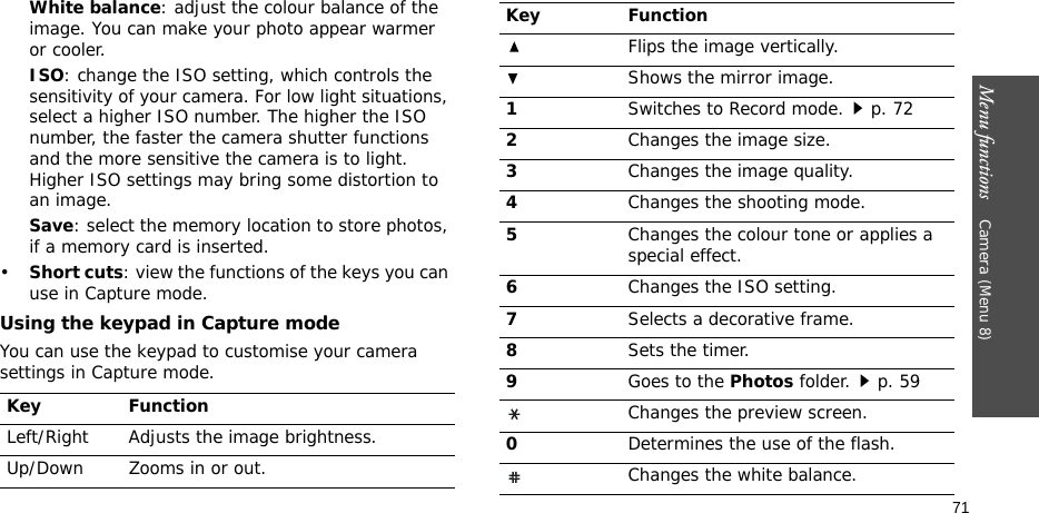 Menu functions    Camera (Menu 8)71White balance: adjust the colour balance of the image. You can make your photo appear warmer or cooler.ISO: change the ISO setting, which controls the sensitivity of your camera. For low light situations, select a higher ISO number. The higher the ISO number, the faster the camera shutter functions and the more sensitive the camera is to light. Higher ISO settings may bring some distortion to an image.Save: select the memory location to store photos, if a memory card is inserted.•Short cuts: view the functions of the keys you can use in Capture mode.Using the keypad in Capture modeYou can use the keypad to customise your camera settings in Capture mode.Key FunctionLeft/Right Adjusts the image brightness.Up/Down Zooms in or out.Flips the image vertically.Shows the mirror image.1Switches to Record mode.p. 722Changes the image size.3Changes the image quality.4Changes the shooting mode.5Changes the colour tone or applies a special effect.6Changes the ISO setting.7Selects a decorative frame.8Sets the timer.9Goes to the Photos folder.p. 59Changes the preview screen.0Determines the use of the flash.Changes the white balance.Key Function