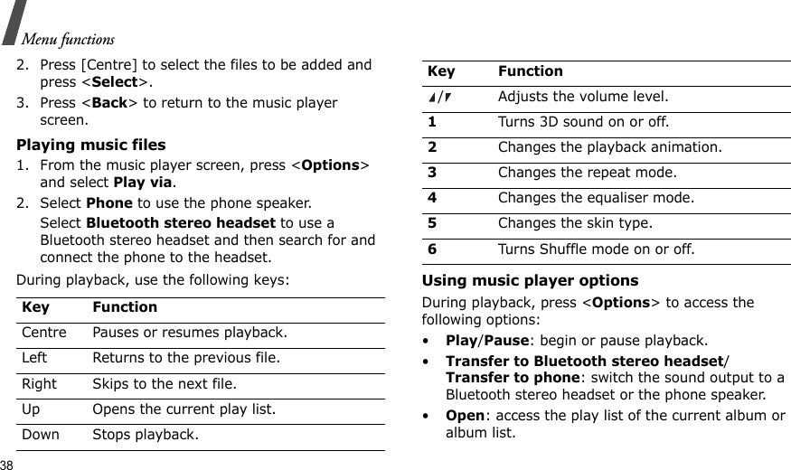 38Menu functions2. Press [Centre] to select the files to be added and press &lt;Select&gt;.3. Press &lt;Back&gt; to return to the music player screen.Playing music files1. From the music player screen, press &lt;Options&gt; and select Play via.2. Select Phone to use the phone speaker.Select Bluetooth stereo headset to use a Bluetooth stereo headset and then search for and connect the phone to the headset.During playback, use the following keys:Using music player optionsDuring playback, press &lt;Options&gt; to access the following options:•Play/Pause: begin or pause playback.•Transfer to Bluetooth stereo headset/Transfer to phone: switch the sound output to a Bluetooth stereo headset or the phone speaker.•Open: access the play list of the current album or album list. Key FunctionCentre Pauses or resumes playback.Left Returns to the previous file.Right Skips to the next file.Up Opens the current play list.Down Stops playback./ Adjusts the volume level.1Turns 3D sound on or off.2Changes the playback animation.3Changes the repeat mode.4Changes the equaliser mode.5Changes the skin type.6Turns Shuffle mode on or off.Key Function