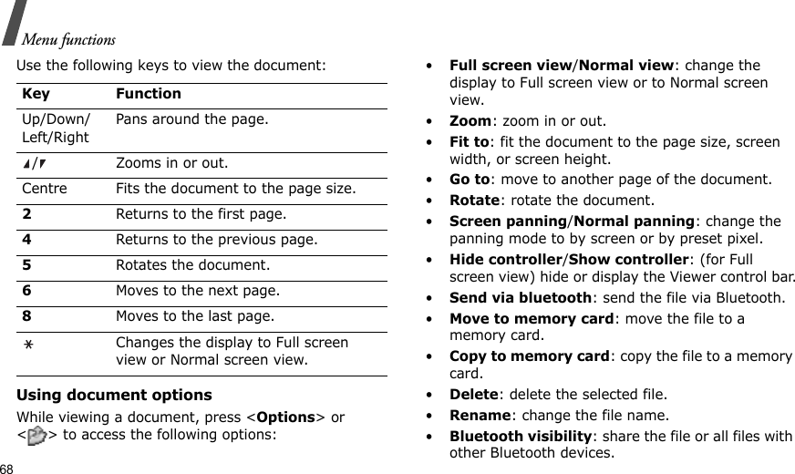 68Menu functionsUse the following keys to view the document:Using document optionsWhile viewing a document, press &lt;Options&gt; or &lt; &gt; to access the following options:•Full screen view/Normal view: change the display to Full screen view or to Normal screen view.•Zoom: zoom in or out.•Fit to: fit the document to the page size, screen width, or screen height.•Go to: move to another page of the document.•Rotate: rotate the document.•Screen panning/Normal panning: change the panning mode to by screen or by preset pixel.•Hide controller/Show controller: (for Full screen view) hide or display the Viewer control bar.•Send via bluetooth: send the file via Bluetooth.•Move to memory card: move the file to a memory card.•Copy to memory card: copy the file to a memory card.•Delete: delete the selected file.•Rename: change the file name.•Bluetooth visibility: share the file or all files with other Bluetooth devices.Key FunctionUp/Down/Left/RightPans around the page./ Zooms in or out.Centre Fits the document to the page size.2Returns to the first page.4Returns to the previous page.5Rotates the document.6Moves to the next page.8Moves to the last page.Changes the display to Full screen view or Normal screen view.