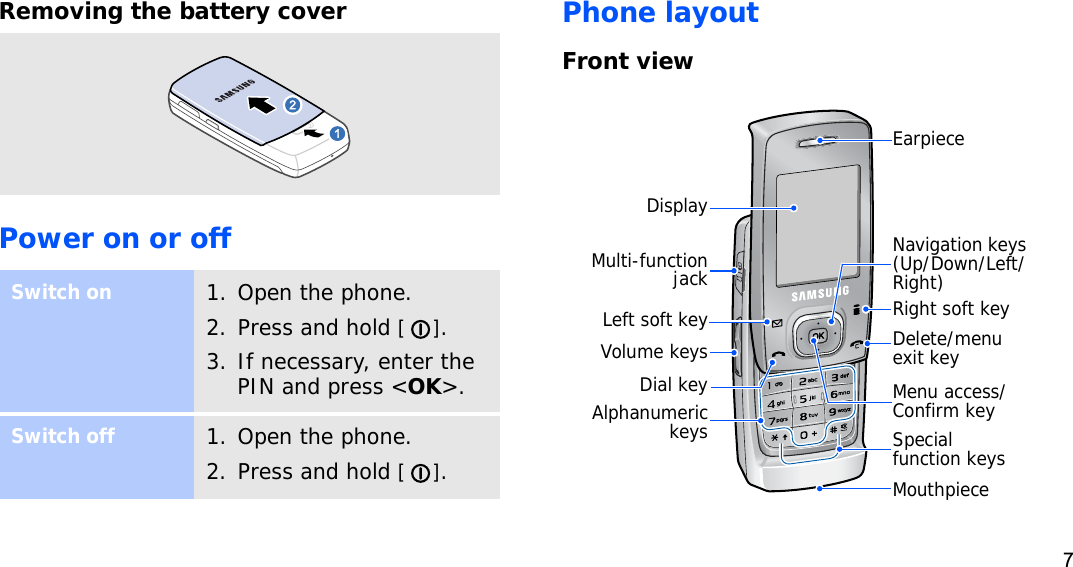 7Removing the battery coverPower on or offPhone layoutFront viewSwitch on1. Open the phone.2. Press and hold [].3. If necessary, enter the PIN and press &lt;OK&gt;.Switch off1. Open the phone.2. Press and hold [].Volume keysDisplayLeft soft keyDial keyMulti-functionjackAlphanumerickeysMouthpieceDelete/menu exit keyRight soft keyMenu access/Confirm keyEarpieceNavigation keys (Up/Down/Left/Right)Special function keys