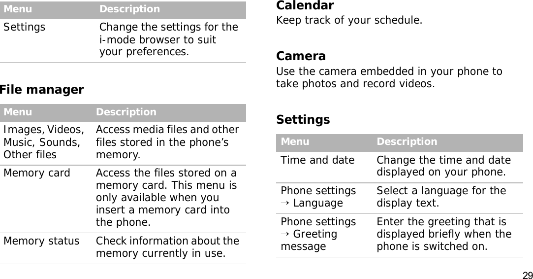 29File managerCalendarKeep track of your schedule.CameraUse the camera embedded in your phone to take photos and record videos.SettingsSettings Change the settings for the i-mode browser to suit your preferences.Menu DescriptionImages, Videos, Music, Sounds, Other filesAccess media files and other files stored in the phone’s memory.Memory card Access the files stored on a memory card. This menu is only available when you insert a memory card into the phone.Memory status Check information about the memory currently in use.Menu DescriptionMenu DescriptionTime and date Change the time and date displayed on your phone.Phone settings → Language Select a language for the display text. Phone settings → Greeting messageEnter the greeting that is displayed briefly when the phone is switched on.