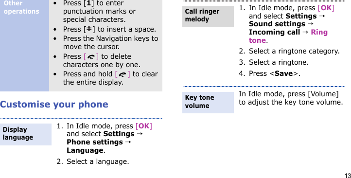 13Customise your phoneOther operations• Press [1] to enter punctuation marks or special characters.• Press [ ] to insert a space.• Press the Navigation keys to move the cursor. • Press [] to delete characters one by one.• Press and hold [] to clear the entire display.1. In Idle mode, press [OK] and select Settings → Phone settings → Language.2. Select a language.Display language1. In Idle mode, press [OK] and select Settings → Sound settings → Incoming call → Ring tone.2. Select a ringtone category.3. Select a ringtone.4. Press &lt;Save&gt;.In Idle mode, press [Volume] to adjust the key tone volume.Call ringer melodyKey tone volume