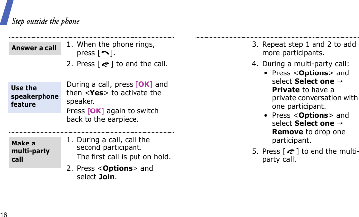 Step outside the phone161. When the phone rings, press [ ].2. Press [ ] to end the call.During a call, press [OK] and then &lt;Yes&gt; to activate the speaker.Press [OK] again to switch back to the earpiece.1. During a call, call the second participant.The first call is put on hold.2. Press &lt;Options&gt; and select Join.Answer a callUse the speakerphone featureMake a multi-party call3. Repeat step 1 and 2 to add more participants.4. During a multi-party call:•Press &lt;Options&gt; and select Select one → Private to have a private conversation with one participant. •Press &lt;Options&gt; and select Select one → Remove to drop one participant.5. Press [ ] to end the multi-party call.