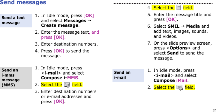 21Send messages1. In Idle mode, press [OK] and select Messages → Create message.2. Enter the message text, and press [OK].3. Enter destination numbers.4. Press [OK] to send the message.1. In Idle mode, press &lt;i-mail&gt; and select Compose i-MMS.2. Select the   field.3. Enter destination numbers or e-mail addresses and press [OK].Send a text messageSend an i-mms message (MMS)4. Select the   field.5. Enter the message title and press [OK].6. Select SMIL → Media and add text, images, sounds, and videos.7. On the slide preview screen, press &lt;Options&gt; and select Send to send the message.1. In Idle mode, press &lt;i-mail&gt; and select Compose iMail.2. Select the   field.Send an i-mail