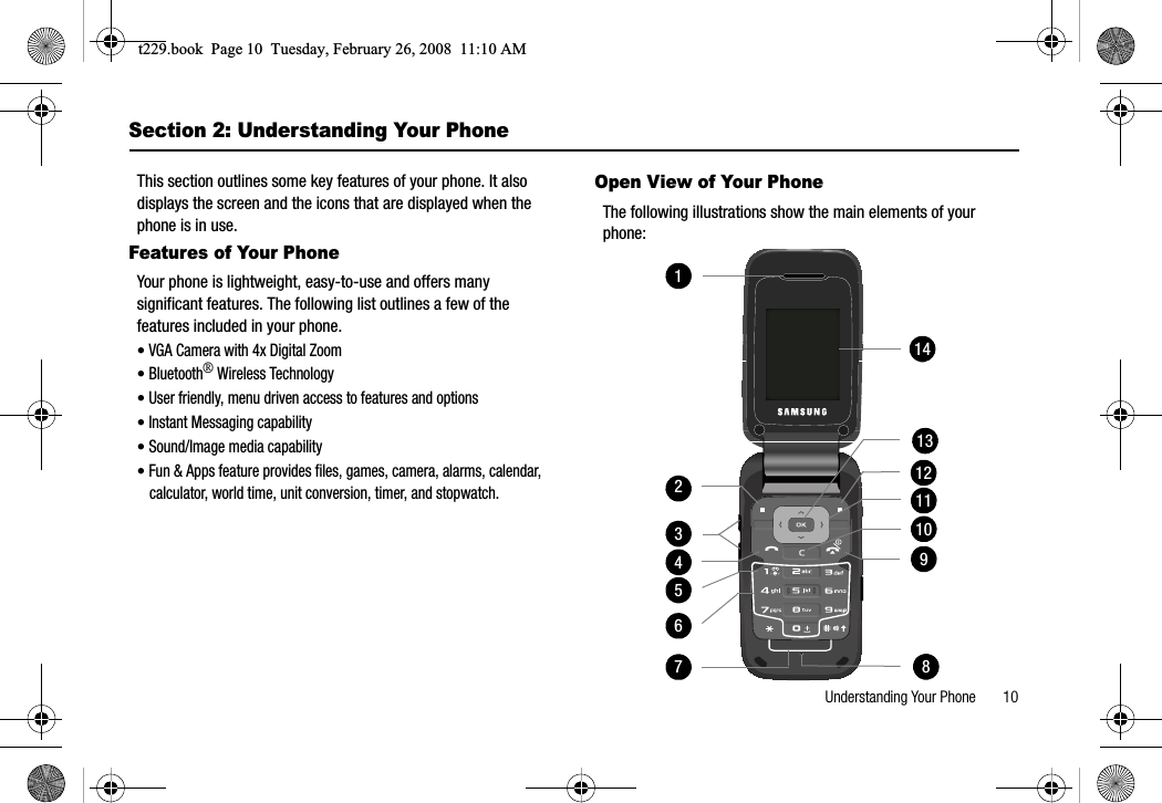Understanding Your Phone       10Section 2: Understanding Your PhoneThis section outlines some key features of your phone. It also displays the screen and the icons that are displayed when the phone is in use.Features of Your PhoneYour phone is lightweight, easy-to-use and offers many significant features. The following list outlines a few of the features included in your phone.•VGA Camera with 4x Digital Zoom•Bluetooth®Wireless Technology•User friendly, menu driven access to features and options•Instant Messaging capability•Sound/Image media capability•Fun &amp; Apps feature provides files, games, camera, alarms, calendar, calculator, world time, unit conversion, timer, and stopwatch.Open View of Your PhoneThe following illustrations show the main elements of your phone:111213141516171819110113111114112t229.book  Page 10  Tuesday, February 26, 2008  11:10 AM