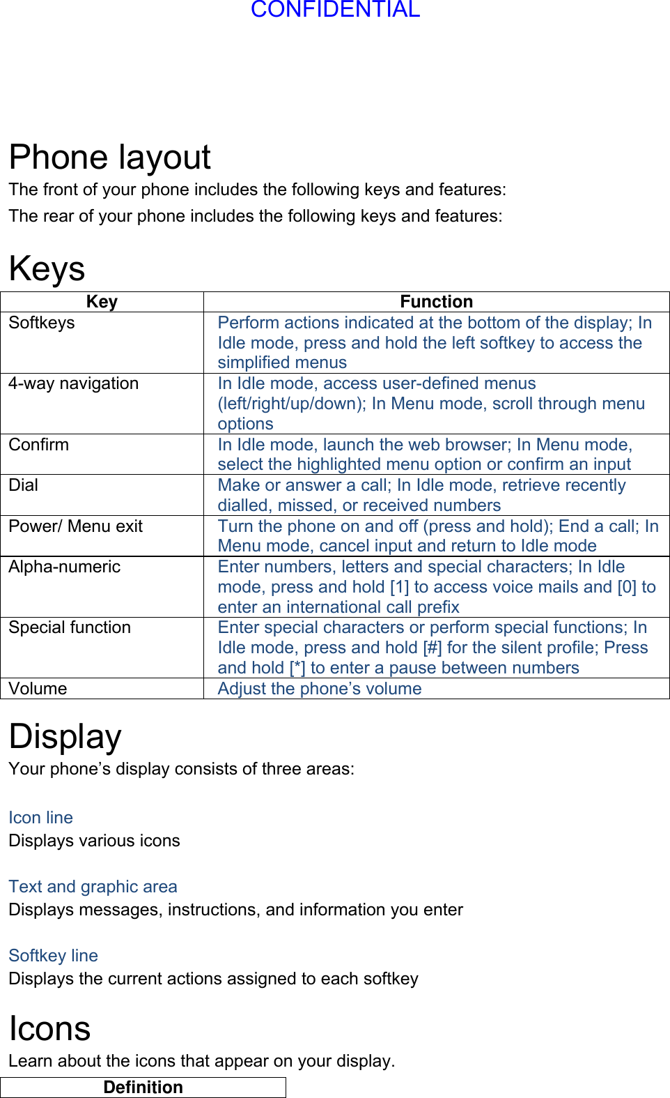  Phone layout The front of your phone includes the following keys and features: The rear of your phone includes the following keys and features:  Keys Key Function Softkeys  Perform actions indicated at the bottom of the display; In Idle mode, press and hold the left softkey to access the simplified menus 4-way navigation  In Idle mode, access user-defined menus (left/right/up/down); In Menu mode, scroll through menu options Confirm  In Idle mode, launch the web browser; In Menu mode, select the highlighted menu option or confirm an input Dial  Make or answer a call; In Idle mode, retrieve recently dialled, missed, or received numbers Power/ Menu exit  Turn the phone on and off (press and hold); End a call; In Menu mode, cancel input and return to Idle mode Alpha-numeric  Enter numbers, letters and special characters; In Idle mode, press and hold [1] to access voice mails and [0] to enter an international call prefix Special function  Enter special characters or perform special functions; In Idle mode, press and hold [#] for the silent profile; Press and hold [*] to enter a pause between numbers Volume  Adjust the phone’s volume  Display Your phone’s display consists of three areas:  Icon line Displays various icons  Text and graphic area Displays messages, instructions, and information you enter  Softkey line Displays the current actions assigned to each softkey  Icons Learn about the icons that appear on your display. Definition CONFIDENTIAL