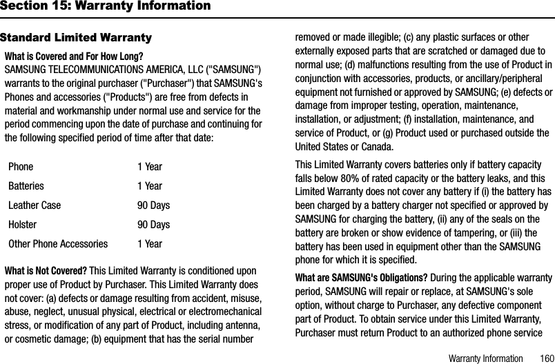 Warranty Information       160Section 15: Warranty InformationStandard Limited WarrantyWhat is Covered and For How Long? SAMSUNG TELECOMMUNICATIONS AMERICA, LLC (&quot;SAMSUNG&quot;) warrants to the original purchaser (&quot;Purchaser&quot;) that SAMSUNG&apos;s Phones and accessories (&quot;Products&quot;) are free from defects in material and workmanship under normal use and service for the period commencing upon the date of purchase and continuing for the following specified period of time after that date:What is Not Covered? This Limited Warranty is conditioned upon proper use of Product by Purchaser. This Limited Warranty does not cover: (a) defects or damage resulting from accident, misuse, abuse, neglect, unusual physical, electrical or electromechanical stress, or modification of any part of Product, including antenna, or cosmetic damage; (b) equipment that has the serial number removed or made illegible; (c) any plastic surfaces or other externally exposed parts that are scratched or damaged due to normal use; (d) malfunctions resulting from the use of Product in conjunction with accessories, products, or ancillary/peripheral equipment not furnished or approved by SAMSUNG; (e) defects or damage from improper testing, operation, maintenance, installation, or adjustment; (f) installation, maintenance, and service of Product, or (g) Product used or purchased outside the United States or Canada. This Limited Warranty covers batteries only if battery capacity falls below 80% of rated capacity or the battery leaks, and this Limited Warranty does not cover any battery if (i) the battery has been charged by a battery charger not specified or approved by SAMSUNG for charging the battery, (ii) any of the seals on the battery are broken or show evidence of tampering, or (iii) the battery has been used in equipment other than the SAMSUNG phone for which it is specified.What are SAMSUNG&apos;s Obligations? During the applicable warranty period, SAMSUNG will repair or replace, at SAMSUNG&apos;s sole option, without charge to Purchaser, any defective component part of Product. To obtain service under this Limited Warranty, Purchaser must return Product to an authorized phone service Phone 1 YearBatteries 1 YearLeather Case 90 DaysHolster 90 DaysOther Phone Accessories 1 Year