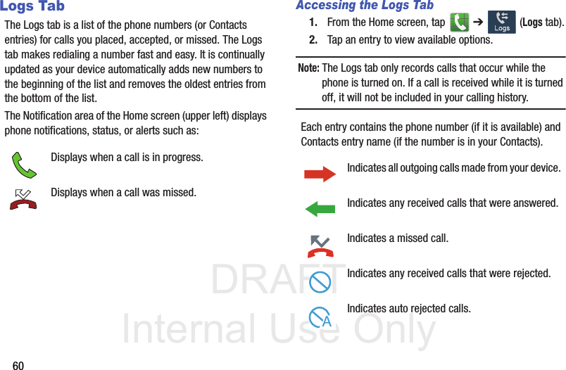 DRAFT Internal Use Only60Logs TabThe Logs tab is a list of the phone numbers (or Contacts entries) for calls you placed, accepted, or missed. The Logs tab makes redialing a number fast and easy. It is continually updated as your device automatically adds new numbers to the beginning of the list and removes the oldest entries from the bottom of the list. The Notification area of the Home screen (upper left) displays phone notifications, status, or alerts such as:  Accessing the Logs Tab1. From the Home screen, tap   ➔  (Logs tab).2. Tap an entry to view available options.Note: The Logs tab only records calls that occur while the phone is turned on. If a call is received while it is turned off, it will not be included in your calling history.Each entry contains the phone number (if it is available) and Contacts entry name (if the number is in your Contacts).  Displays when a call is in progress.Displays when a call was missed.Indicates all outgoing calls made from your device.Indicates any received calls that were answered.Indicates a missed call.Indicates any received calls that were rejected.Indicates auto rejected calls.