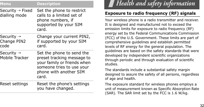 32Health and safety informationExposure to radio frequency (RF) signalsYour wireless phone is a radio transmitter and receiver. It is designed and manufactured not to exceed the emission limits for exposure to radio frequency (RF) energy set by the Federal Communications Commission (FCC) of the U.S. Government. These limits are part of comprehensive guidelines and establish permitted levels of RF energy for the general population. The guidelines are based on the safety standards that were developed by independent scientific organizations through periodic and through evaluation of scientific studies.The standards include a substantial safety margin designed to assure the safety of all persons, regardless of age and health.The exposure standard for wireless phones employs a unit of measurement known as Specific Absorption Rate (SAR). The SAR limit set by the FCC is 1.6 W/kg.Security → Fixed dialling modeSet the phone to restrict calls to a limited set of phone numbers, if supported by your SIM card.Security → Change PIN2 codeChange your current PIN2, if supported by your SIM card.Security → Mobile TrackerSet the phone to send the preset tracking message to your family or friends when someone tries to use your phone with another SIM card.Reset settings Reset the phone’s settings you have changed.Menu Description
