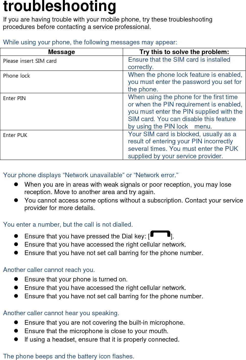 troubleshooting If you are having trouble with your mobile phone, try these troubleshooting procedures before contacting a service professional. While using your phone, the following messages may appear: Message  Try this to solve the problem: Please insert SIM card  Ensure that the SIM card is installed correctly. Phone lock  When the phone lock feature is enabled, you must enter the password you set for the phone. Enter PIN  When using the phone for the first time or when the PIN requirement is enabled, you must enter the PIN supplied with the SIM card. You can disable this feature by using the PIN lock    menu. Enter PUK  Your SIM card is blocked, usually as a result of entering your PIN incorrectly several times. You must enter the PUK supplied by your service provider.    Your phone displays “Network unavailable” or “Network error.”   When you are in areas with weak signals or poor reception, you may lose reception. Move to another area and try again.   You cannot access some options without a subscription. Contact your service provider for more details.  You enter a number, but the call is not dialled.   Ensure that you have pressed the Dial key: [ ].   Ensure that you have accessed the right cellular network.   Ensure that you have not set call barring for the phone number.  Another caller cannot reach you.   Ensure that your phone is turned on.   Ensure that you have accessed the right cellular network.   Ensure that you have not set call barring for the phone number.  Another caller cannot hear you speaking.   Ensure that you are not covering the built-in microphone.   Ensure that the microphone is close to your mouth.   If using a headset, ensure that it is properly connected.  The phone beeps and the battery icon flashes. 