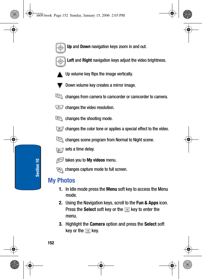 152Section 10Up and Down navigation keys zoom in and out.Left and Right navigation keys adjust the video brightness. Up volume key flips the image vertically. Down volume key creates a mirror image. changes from camera to camcorder or camcorder to camera. changes the video resolution. changes the shooting mode. changes the color tone or applies a special effect to the video. changes scene program from Normal to Night scene. sets a time delay. takes you to My videos menu. changes capture mode to full screen.My Photos1. In Idle mode press the Menu soft key to access the Menu mode.2. Using the Navigation keys, scroll to the Fun &amp; Apps icon. Press the Select soft key or the   key to enter the menu. 3. Highlight the Camera option and press the Select soft key or the   key. t609.book  Page 152  Sunday, January 15, 2006  2:03 PM