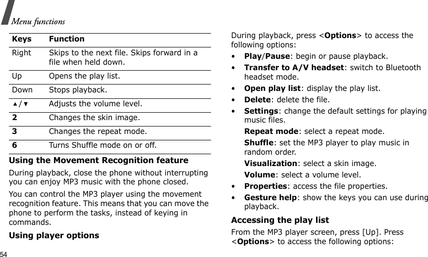 54Menu functionsUsing the Movement Recognition featureDuring playback, close the phone without interrupting you can enjoy MP3 music with the phone closed.You can control the MP3 player using the movement recognition feature. This means that you can move the phone to perform the tasks, instead of keying in commands.Using player optionsDuring playback, press &lt;Options&gt; to access the following options:•Play/Pause: begin or pause playback.•Transfer to A/V headset: switch to Bluetooth headset mode.•Open play list: display the play list.•Delete: delete the file.•Settings: change the default settings for playing music files. Repeat mode: select a repeat mode.Shuffle: set the MP3 player to play music in random order.Visualization: select a skin image.Volume: select a volume level.•Properties: access the file properties.•Gesture help: show the keys you can use during playback.Accessing the play listFrom the MP3 player screen, press [Up]. Press &lt;Options&gt; to access the following options:Right Skips to the next file. Skips forward in a file when held down.Up Opens the play list.Down Stops playback./ Adjusts the volume level.2Changes the skin image.3Changes the repeat mode.6Turns Shuffle mode on or off.Keys Function