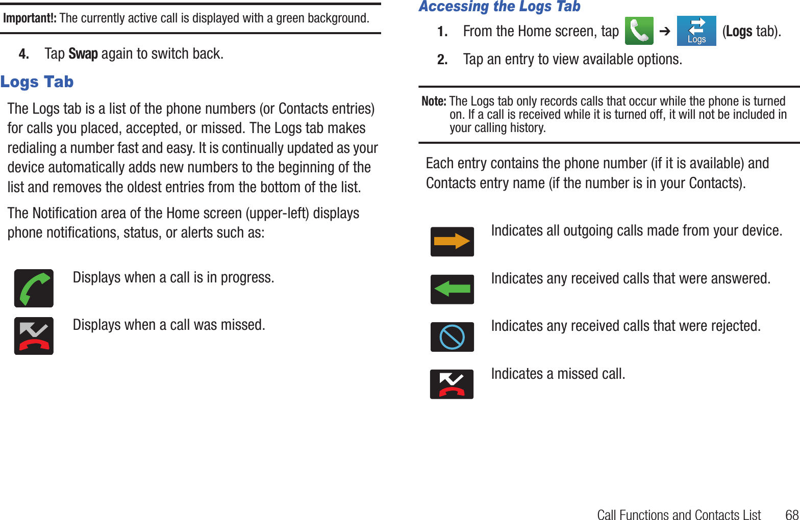 Call Functions and Contacts List       68Important!: The currently active call is displayed with a green background.4. Tap Swap again to switch back.Logs TabThe Logs tab is a list of the phone numbers (or Contacts entries) for calls you placed, accepted, or missed. The Logs tab makes redialing a number fast and easy. It is continually updated as your device automatically adds new numbers to the beginning of the list and removes the oldest entries from the bottom of the list. The Notification area of the Home screen (upper-left) displays phone notifications, status, or alerts such as:  Accessing the Logs Tab1. From the Home screen, tap   ➔  (Logs tab).2. Tap an entry to view available options.Note: The Logs tab only records calls that occur while the phone is turned on. If a call is received while it is turned off, it will not be included in your calling history.Each entry contains the phone number (if it is available) and Contacts entry name (if the number is in your Contacts).  Displays when a call is in progress.Displays when a call was missed.Indicates all outgoing calls made from your device.Indicates any received calls that were answered.Indicates any received calls that were rejected.Indicates a missed call.LogsLogs