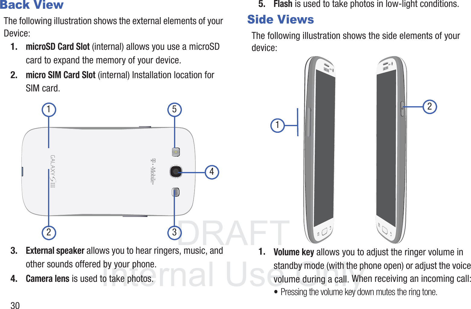 DRAFT InternalUse Only30Back ViewThe following illustration shows the external elements of your Device:1.microSD Card Slot (internal) allows you use a microSD card to expand the memory of your device. 2.micro SIM Card Slot (internal) Installation location for SIM card. 3.External speaker allows you to hear ringers, music, and other sounds offered by your phone.4.Camera lens is used to take photos.5.Flash is used to take photos in low-light conditions.Side ViewsThe following illustration shows the side elements of your device:  1.Volume key allows you to adjust the ringer volume in standby mode (with the phone open) or adjust the voice volume during a call. When receiving an incoming call:•Pressing the volume key down mutes the ring tone. 2 341 5 21