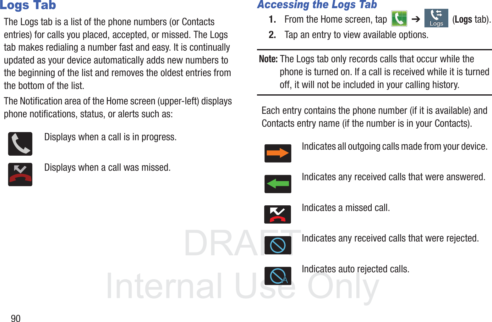 DRAFT InternalUse Only90Logs TabThe Logs tab is a list of the phone numbers (or Contacts entries) for calls you placed, accepted, or missed. The Logs tab makes redialing a number fast and easy. It is continually updated as your device automatically adds new numbers to the beginning of the list and removes the oldest entries from the bottom of the list. The Notification area of the Home screen (upper-left) displays phone notifications, status, or alerts such as:  Accessing the Logs Tab1. From the Home screen, tap   ➔  (Logs tab).2. Tap an entry to view available options.Note: The Logs tab only records calls that occur while the phone is turned on. If a call is received while it is turned off, it will not be included in your calling history.Each entry contains the phone number (if it is available) and Contacts entry name (if the number is in your Contacts).  Displays when a call is in progress.Displays when a call was missed.Indicates all outgoing calls made from your device.Indicates any received calls that were answered.Indicates a missed call.Indicates any received calls that were rejected.Indicates auto rejected calls.LogsLogs