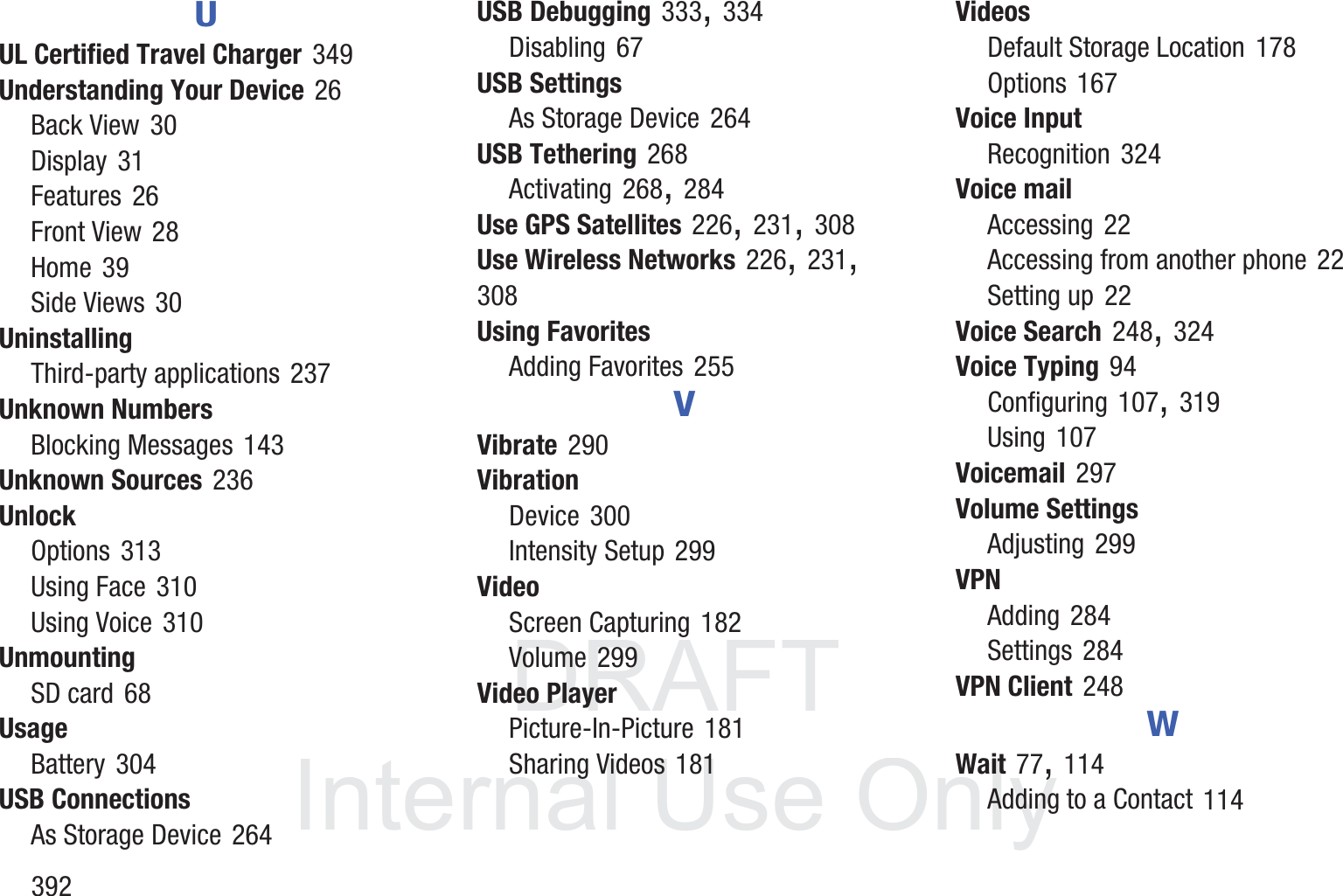 DRAFT InternalUse Only392UUL Certified Travel Charger 349Understanding Your Device 26Back View 30Display 31Features 26Front View 28Home 39Side Views 30UninstallingThird-party applications 237Unknown NumbersBlocking Messages 143Unknown Sources 236UnlockOptions 313Using Face 310Using Voice 310UnmountingSD card 68UsageBattery 304USB ConnectionsAs Storage Device 264USB Debugging 333, 334Disabling 67USB SettingsAs Storage Device 264USB Tethering 268Activating 268, 284Use GPS Satellites 226, 231, 308Use Wireless Networks 226, 231, 308Using FavoritesAdding Favorites 255VVibrate 290VibrationDevice 300Intensity Setup 299VideoScreen Capturing 182Volume 299Video PlayerPicture-In-Picture 181Sharing Videos 181VideosDefault Storage Location 178Options 167Voice InputRecognition 324Voice mailAccessing 22Accessing from another phone 22Setting up 22Voice Search 248, 324Voice Typing 94Configuring 107, 319Using 107Voicemail 297Volume SettingsAdjusting 299VPNAdding 284Settings 284VPN Client 248WWait 77, 114Adding to a Contact 114
