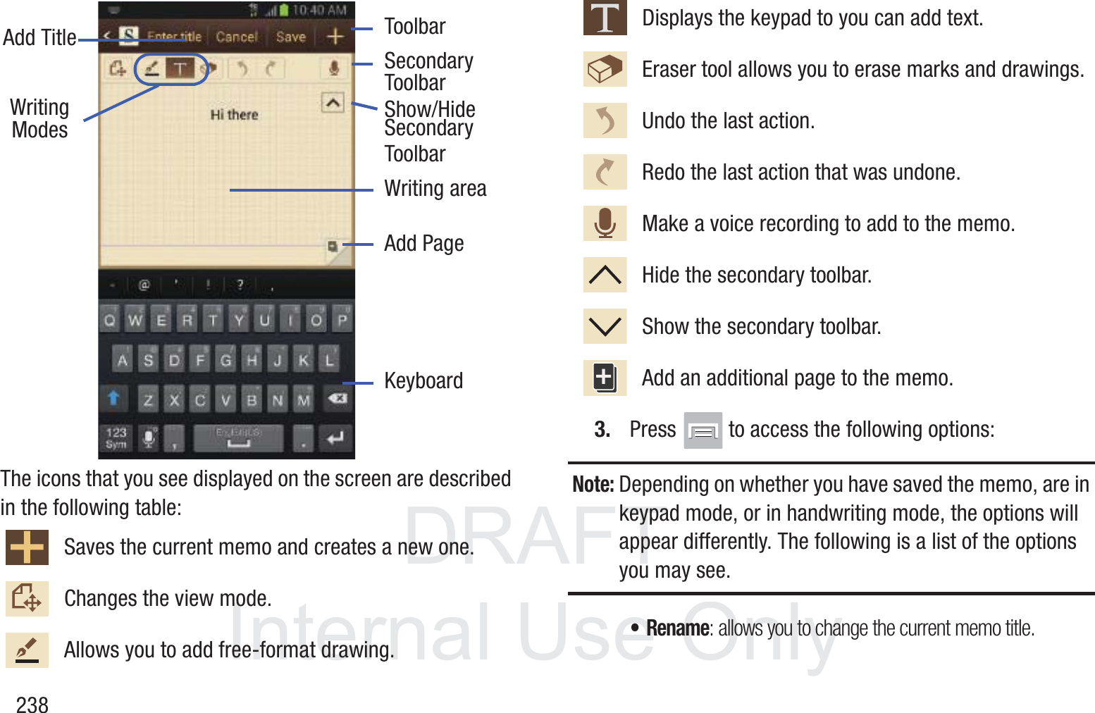 DRAFT InternalUse Only238The icons that you see displayed on the screen are described in the following table:3. Press   to access the following options:Note: Depending on whether you have saved the memo, are in keypad mode, or in handwriting mode, the options will appear differently. The following is a list of the options you may see.&bull;Rename: allows you to change the current memo title.Saves the current memo and creates a new one.Changes the view mode.Allows you to add free-format drawing.ToolbarSecondaryShow/HideAdd PageWriting area Secondary Add TitleWritingModesKeyboardToolbarToolbarDisplays the keypad to you can add text.Eraser tool allows you to erase marks and drawings.  Undo the last action.Redo the last action that was undone.Make a voice recording to add to the memo.Hide the secondary toolbar.Show the secondary toolbar.Add an additional page to the memo.