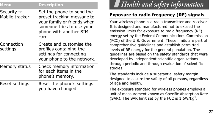 27Health and safety informationExposure to radio frequency (RF) signalsYour wireless phone is a radio transmitter and receiver. It is designed and manufactured not to exceed the emission limits for exposure to radio frequency (RF) energy set by the Federal Communications Commission (FCC) of the U.S. Government. These limits are part of comprehensive guidelines and establish permitted levels of RF energy for the general population. The guidelines are based on the safety standards that were developed by independent scientific organizations through periodic and through evaluation of scientific studies.The standards include a substantial safety margin designed to assure the safety of all persons, regardless of age and health. The exposure standard for wireless phones employs a unit of measurement known as Specific Absorption Rate (SAR). The SAR limit set by the FCC is 1.6W/kg1.Security → Mobile trackerSet the phone to send the preset tracking message to your family or friends when someone tries to use your phone with another SIM card.Connection settingsCreate and customise the profiles containing the settings for connecting your phone to the network.Memory status Check memory information for each items in the phone’s memory.Reset settings Reset the phone’s settings you have changed.Menu Description