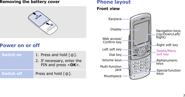 7Removing the battery coverPower on or offPhone layoutFront viewSwitch on1. Press and hold [ ].2. If necessary, enter the PIN and press &lt;OK&gt;.Switch offPress and hold [ ].MouthpieceEarpieceDisplaySpecial function keysLeft soft keyVolume keysDial keyNavigation keys (Up/Down/Left/Right)Delete/Menu exit keyRight soft keyWeb access/Confirm keyMulti-functionjackAlphanumeric keys