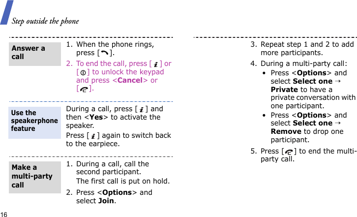 Step outside the phone161. When the phone rings, press [ ].2. To end the call, press [ ] or [ ] to unlock the keypad and press &lt;Cancel&gt; or [].During a call, press [ ] and then &lt;Yes&gt; to activate the speaker.Press [ ] again to switch back to the earpiece.1. During a call, call the second participant.The first call is put on hold.2. Press &lt;Options&gt; and select Join.Answer a callUse the speakerphone featureMake a multi-party call3. Repeat step 1 and 2 to add more participants.4. During a multi-party call:•Press &lt;Options&gt; and select Select one → Private to have a private conversation with one participant. •Press &lt;Options&gt; and select Select one → Remove to drop one participant.5. Press [ ] to end the multi-party call.
