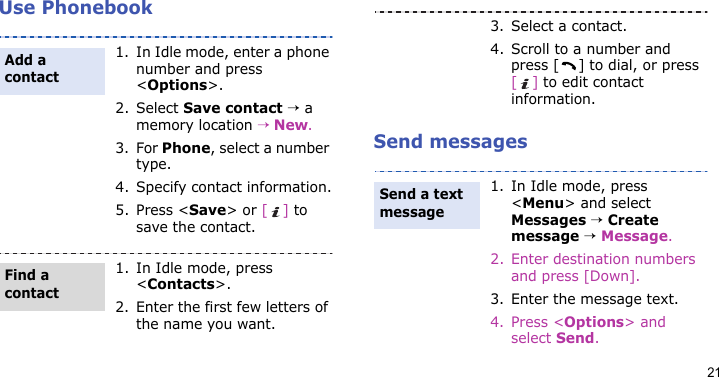 21Use PhonebookSend messages1. In Idle mode, enter a phone number and press &lt;Options&gt;.2. Select Save contact → a memory location → New.3. For Phone, select a number type.4. Specify contact information.5. Press &lt;Save&gt; or [] to save the contact.1. In Idle mode, press &lt;Contacts&gt;.2. Enter the first few letters of the name you want.Add a contactFind a contact3. Select a contact.4. Scroll to a number and press [ ] to dial, or press [] to edit contact information.1. In Idle mode, press &lt;Menu&gt; and select Messages → Create message → Message.2. Enter destination numbers and press [Down].3. Enter the message text.4. Press &lt;Options&gt; and select Send.Send a text message