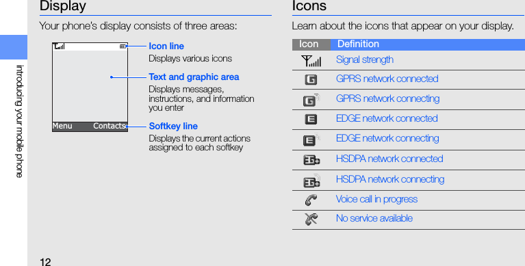 12introducing your mobile phoneDisplayYour phone’s display consists of three areas:IconsLearn about the icons that appear on your display.Menu        ContactsIcon lineDisplays various iconsText and graphic areaDisplays messages, instructions, and information you enterSoftkey lineDisplays the current actions assigned to each softkeyIcon DefinitionSignal strengthGPRS network connectedGPRS network connectingEDGE network connectedEDGE network connectingHSDPA network connectedHSDPA network connectingVoice call in progressNo service available