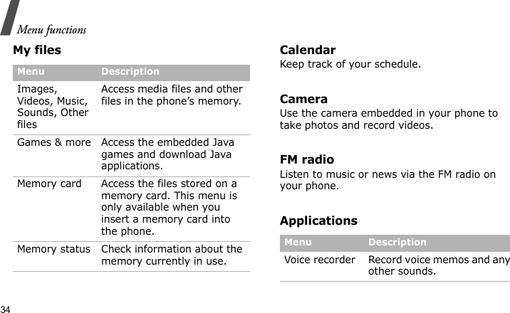 Menu functions34My files CalendarKeep track of your schedule.CameraUse the camera embedded in your phone to take photos and record videos.FM radioListen to music or news via the FM radio on your phone.ApplicationsMenu DescriptionImages, Videos, Music, Sounds, Other filesAccess media files and other files in the phone’s memory.Games &amp; more Access the embedded Java games and download Java applications.Memory card Access the files stored on a memory card. This menu is only available when you insert a memory card into the phone.Memory status Check information about the memory currently in use.Menu DescriptionVoice recorder Record voice memos and any other sounds. 