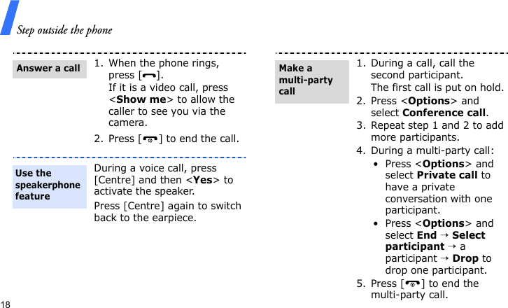 Step outside the phone181. When the phone rings, press [ ].If it is a video call, press &lt;Show me&gt; to allow the caller to see you via the camera.2. Press [ ] to end the call.During a voice call, press [Centre] and then &lt;Yes&gt; to activate the speaker.Press [Centre] again to switch back to the earpiece.Answer a callUse the speakerphone feature1. During a call, call the second participant.The first call is put on hold.2. Press &lt;Options&gt; and select Conference call.3. Repeat step 1 and 2 to add more participants.4. During a multi-party call:•Press &lt;Options&gt; and select Private call to have a private conversation with one participant. •Press &lt;Options&gt; and select End → Select participant → a participant → Drop to drop one participant.5. Press [ ] to end the multi-party call.Make a multi-party call