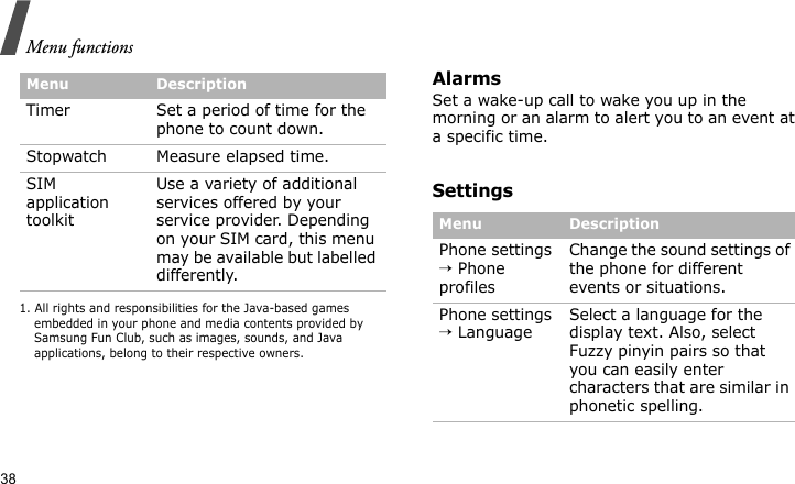 Menu functions381. All rights and responsibilities for the Java-based games embedded in your phone and media contents provided by Samsung Fun Club, such as images, sounds, and Java applications, belong to their respective owners.AlarmsSet a wake-up call to wake you up in the morning or an alarm to alert you to an event at a specific time.SettingsTimer Set a period of time for the phone to count down.Stopwatch Measure elapsed time. SIM application toolkitUse a variety of additional services offered by your service provider. Depending on your SIM card, this menu may be available but labelled differently.Menu DescriptionMenu DescriptionPhone settings → Phone profilesChange the sound settings of the phone for different events or situations.Phone settings → LanguageSelect a language for the display text. Also, select Fuzzy pinyin pairs so that you can easily enter characters that are similar in phonetic spelling.