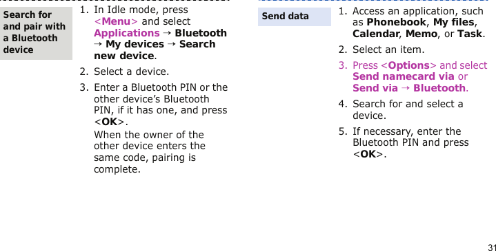 311. In Idle mode, press &lt;Menu&gt; and select Applications → Bluetooth → My devices → Search new device.2. Select a device.3. Enter a Bluetooth PIN or the other device’s Bluetooth PIN, if it has one, and press &lt;OK&gt;.When the owner of the other device enters the same code, pairing is complete.Search for and pair with a Bluetooth device1. Access an application, such as Phonebook, My files, Calendar, Memo, or Task.2. Select an item.3. Press &lt;Options&gt; and select Send namecard via or Send via → Bluetooth.4. Search for and select a device.5. If necessary, enter the Bluetooth PIN and press &lt;OK&gt;.Send data
