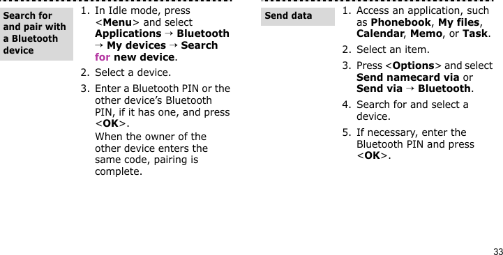 331. In Idle mode, press &lt;Menu&gt; and select Applications → Bluetooth → My devices → Search for new device.2. Select a device.3. Enter a Bluetooth PIN or the other device’s Bluetooth PIN, if it has one, and press &lt;OK&gt;.When the owner of the other device enters the same code, pairing is complete.Search for and pair with a Bluetooth device1. Access an application, such as Phonebook, My files, Calendar, Memo, or Task.2. Select an item.3. Press &lt;Options&gt; and select Send namecard via or Send via → Bluetooth.4. Search for and select a device.5. If necessary, enter the Bluetooth PIN and press &lt;OK&gt;.Send data