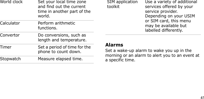41AlarmsSet a wake-up alarm to wake you up in the morning or an alarm to alert you to an event at a specific time.World clock Set your local time zone and find out the current time in another part of the world.Calculator Perform arithmetic functions.Convertor Do conversions, such as length and temperature.Timer Set a period of time for the phone to count down.Stopwatch Measure elapsed time.Menu DescriptionSIM application toolkitUse a variety of additional services offered by your service provider. Depending on your USIM or SIM card, this menu may be available but labelled differently.Menu Description