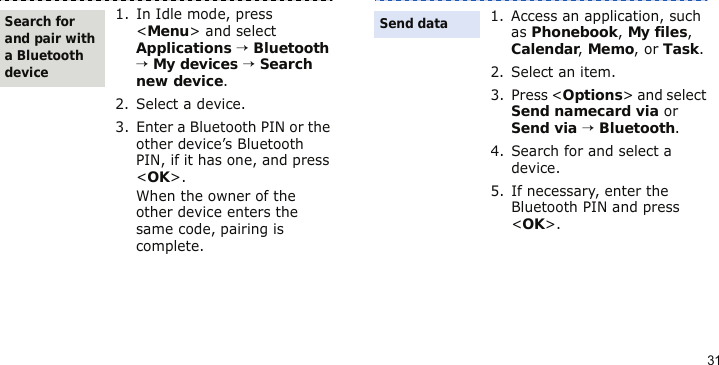 311. In Idle mode, press &lt;Menu&gt; and select Applications → Bluetooth → My devices → Search new device.2. Select a device.3. Enter a Bluetooth PIN or the other device’s Bluetooth PIN, if it has one, and press &lt;OK&gt;.When the owner of the other device enters the same code, pairing is complete.Search for and pair with a Bluetooth device1. Access an application, such as Phonebook, My files, Calendar, Memo, or Task.2. Select an item.3. Press &lt;Options&gt; and select Send namecard via or Send via → Bluetooth.4. Search for and select a device.5. If necessary, enter the Bluetooth PIN and press &lt;OK&gt;.Send data