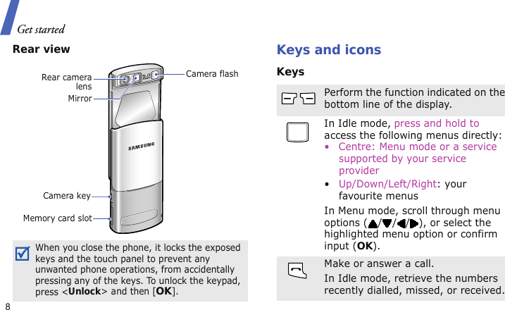 Get started8Rear viewKeys and iconsKeysWhen you close the phone, it locks the exposed keys and the touch panel to prevent any unwanted phone operations, from accidentally pressing any of the keys. To unlock the keypad, press &lt;Unlock&gt; and then [OK].Camera flashCamera keyRear cameralensMemory card slotMirrorPerform the function indicated on the bottom line of the display.In Idle mode, press and hold to access the following menus directly:• Centre: Menu mode or a service supported by your service provider•Up/Down/Left/Right: your favourite menusIn Menu mode, scroll through menu options ( / / / ), or select the highlighted menu option or confirm input (OK).Make or answer a call.In Idle mode, retrieve the numbers recently dialled, missed, or received.