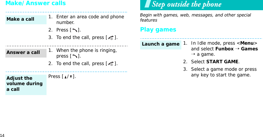 14Make/Answer callsStep outside the phoneBegin with games, web, messages, and other special featuresPlay games1. Enter an area code and phone number.2. Press [ ].3. To end the call, press [ ].1. When the phone is ringing, press [ ].2. To end the call, press [ ].Press [ / ].Make a callAnswer a callAdjust the volume during a call1. In Idle mode, press &lt;Menu&gt; and select Funbox → Games → a game.2. Select START GAME.3. Select a game mode or press any key to start the game.Launch a game
