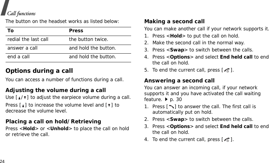 24Call functionsThe button on the headset works as listed below:Options during a callYou can access a number of functions during a call.Adjusting the volume during a callUse [ / ] to adjust the earpiece volume during a call.Press [ ] to increase the volume level and [ ] to decrease the volume level.Placing a call on hold/RetrievingPress &lt;Hold&gt; or &lt;Unhold&gt; to place the call on hold or retrieve the call.Making a second callYou can make another call if your network supports it.1. Press &lt;Hold&gt; to put the call on hold.2. Make the second call in the normal way.3. Press &lt;Swap&gt; to switch between the calls.4. Press &lt;Options&gt; and select End held call to end the call on hold.5. To end the current call, press [ ].Answering a second callYou can answer an incoming call, if your network supports it and you have activated the call waiting feature.p. 30 1. Press [ ] to answer the call. The first call is automatically put on hold.2. Press &lt;Swap&gt; to switch between the calls.3. Press &lt;Options&gt; and select End held call to end the call on hold.4. To end the current call, press [ ].To Pressredial the last call the button twice.answer a call and hold the button.end a call and hold the button.