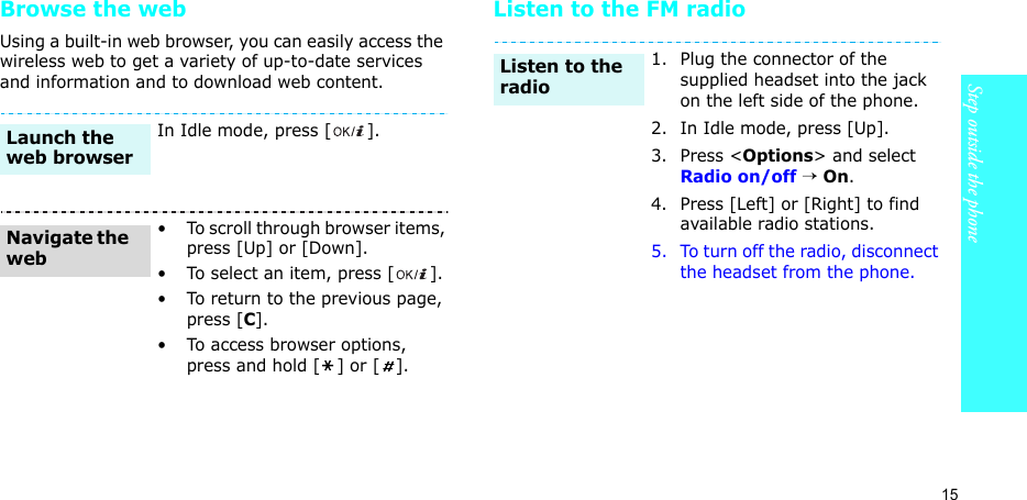 15Step outside the phoneBrowse the webUsing a built-in web browser, you can easily access the wireless web to get a variety of up-to-date services and information and to download web content.Listen to the FM radioIn Idle mode, press [ ].• To scroll through browser items, press [Up] or [Down]. • To select an item, press [ ].• To return to the previous page, press [C].• To access browser options, press and hold [ ] or [ ].Launch the web browserNavigate the web1. Plug the connector of the supplied headset into the jack on the left side of the phone.2. In Idle mode, press [Up].3. Press &lt;Options&gt; and select Radio on/off → On.4. Press [Left] or [Right] to find available radio stations.5. To turn off the radio, disconnect the headset from the phone.Listen to the radio