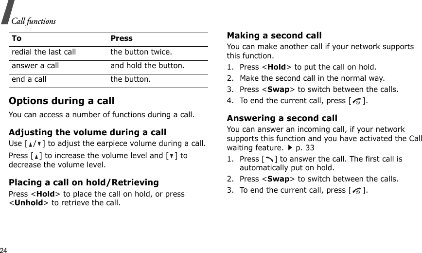 24Call functionsOptions during a callYou can access a number of functions during a call.Adjusting the volume during a callUse [ / ] to adjust the earpiece volume during a call.Press [ ] to increase the volume level and [ ] to decrease the volume level.Placing a call on hold/RetrievingPress &lt;Hold&gt; to place the call on hold, or press &lt;Unhold&gt; to retrieve the call.Making a second callYou can make another call if your network supports this function.1. Press &lt;Hold&gt; to put the call on hold.2. Make the second call in the normal way.3. Press &lt;Swap&gt; to switch between the calls.4. To end the current call, press [ ].Answering a second callYou can answer an incoming call, if your network supports this function and you have activated the Call waiting feature.p. 33 1. Press [ ] to answer the call. The first call is automatically put on hold.2. Press &lt;Swap&gt; to switch between the calls.3. To end the current call, press [ ].To Pressredial the last call the button twice.answer a call and hold the button.end a call the button.