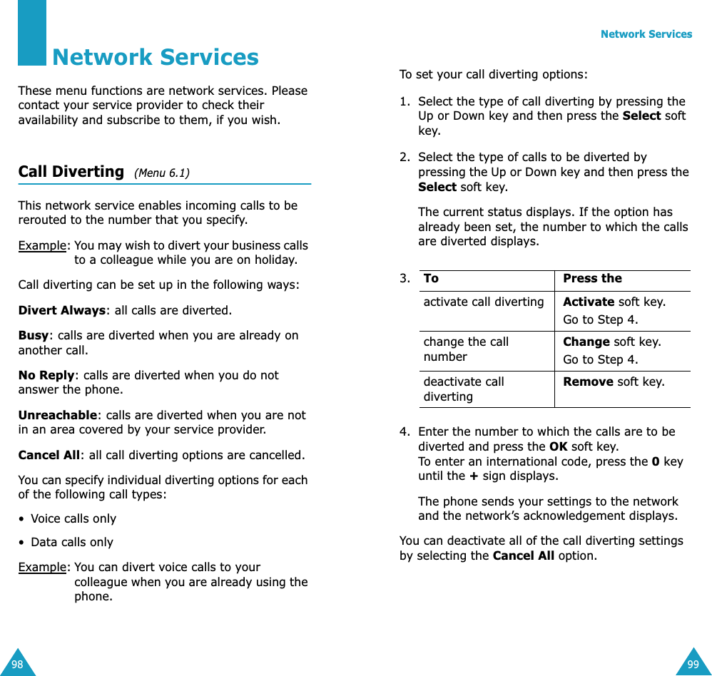 98Network ServicesThese menu functions are network services. Please contact your service provider to check their availability and subscribe to them, if you wish.Call Diverting  (Menu 6.1)This network service enables incoming calls to be rerouted to the number that you specify.Example:You may wish to divert your business calls to a colleague while you are on holiday.Call diverting can be set up in the following ways:Divert Always: all calls are diverted.Busy: calls are diverted when you are already on another call.No Reply: calls are diverted when you do not answer the phone.Unreachable: calls are diverted when you are not in an area covered by your service provider.Cancel All: all call diverting options are cancelled.You can specify individual diverting options for each of the following call types:•Voice calls only•Data calls onlyExample:You can divert voice calls to your colleague when you are already using the phone.Network Services99To set your call diverting options:1. Select the type of call diverting by pressing the Up or Down key and then press the Select soft key.2. Select the type of calls to be diverted by pressing the Up or Down key and then press the Select soft key.The current status displays. If the option has already been set, the number to which the calls are diverted displays.4. Enter the number to which the calls are to be diverted and press the OK soft key.To enter an international code, press the 0 key until the + sign displays.The phone sends your settings to the network and the network’s acknowledgement displays.You can deactivate all of the call diverting settings by selecting the Cancel All option.3. To Press theactivate call diverting Activate soft key.Go to Step 4.change the call numberChange soft key.Go to Step 4. deactivate call divertingRemove soft key.
