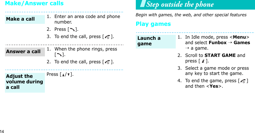 14Make/Answer callsStep outside the phoneBegin with games, the web, and other special featuresPlay games1. Enter an area code and phone number.2. Press [ ].3. To end the call, press [ ].1. When the phone rings, press [].2. To end the call, press [ ].Press [ / ].Make a callAnswer a callAdjust the volume during a call1. In Idle mode, press &lt;Menu&gt; and select Funbox → Games → a game.2. Scroll to START GAME and press [ ].3. Select a game mode or press any key to start the game.4. To end the game, press [ ] and then &lt;Yes&gt;.Launch a game