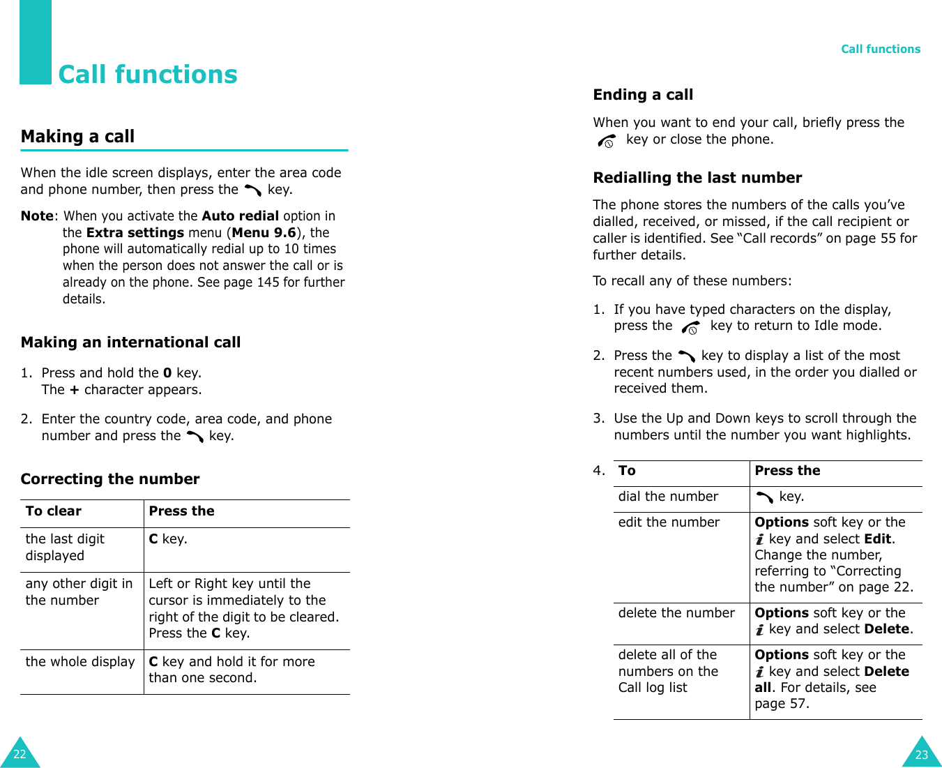 22Call functionsMaking a callWhen the idle screen displays, enter the area code and phone number, then press the   key.Note: When you activate the Auto redial option in the Extra settings menu (Menu 9.6), the phone will automatically redial up to 10 times when the person does not answer the call or is already on the phone. See page 145 for further details.Making an international call1. Press and hold the 0 key. The + character appears.2. Enter the country code, area code, and phone number and press the   key.Correcting the numberTo clear Press thethe last digit displayedC key. any other digit in the numberLeft or Right key until the cursor is immediately to the right of the digit to be cleared. Press the C key. the whole displayC key and hold it for more than one second.Call functions23Ending a callWhen you want to end your call, briefly press the    key or close the phone.Redialling the last numberThe phone stores the numbers of the calls you’ve dialled, received, or missed, if the call recipient or caller is identified. See “Call records” on page 55 for further details. To recall any of these numbers:1. If you have typed characters on the display, press the   key to return to Idle mode.2. Press the   key to display a list of the most recent numbers used, in the order you dialled or received them.3. Use the Up and Down keys to scroll through the numbers until the number you want highlights.4. To Press thedial the number   key.edit the number Options soft key or the  key and select Edit. Change the number, referring to “Correcting the number” on page 22.delete the number Options soft key or the  key and select Delete.delete all of the numbers on the Call log list Options soft key or the  key and select Delete all. For details, see page 57.