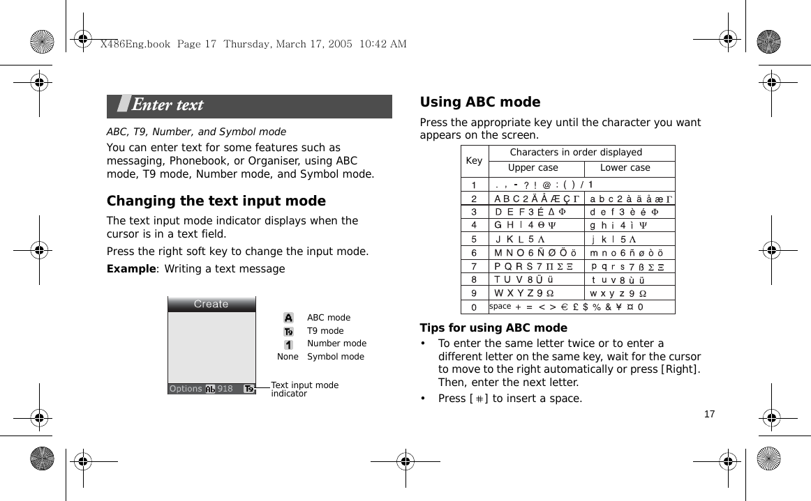 17Enter textABC, T9, Number, and Symbol modeYou can enter text for some features such as messaging, Phonebook, or Organiser, using ABC mode, T9 mode, Number mode, and Symbol mode.Changing the text input modeThe text input mode indicator displays when the cursor is in a text field. Press the right soft key to change the input mode.Example: Writing a text messageUsing ABC modePress the appropriate key until the character you want appears on the screen.Tips for using ABC mode• To enter the same letter twice or to enter a different letter on the same key, wait for the cursor to move to the right automatically or press [Right]. Then, enter the next letter.• Press [ ] to insert a space.Text input mode indicatorABC modeT9 modeNumber modeSymbol modeNoneCharacters in order displayedKey             Upper case Lower casespaceX486Eng.book  Page 17  Thursday, March 17, 2005  10:42 AM