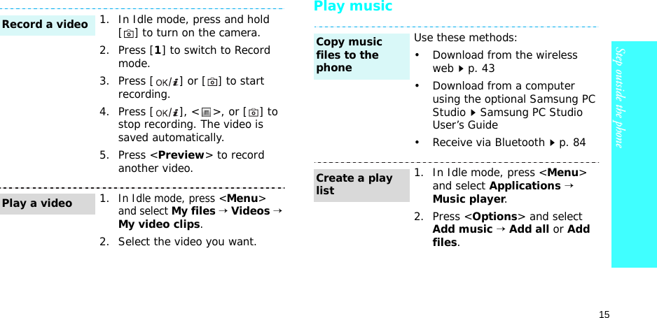 15Step outside the phonePlay music1. In Idle mode, press and hold [] to turn on the camera.2. Press [1] to switch to Record mode.3. Press [ ] or [] to start recording.4. Press [ ], &lt; &gt;, or [ ] to stop recording. The video is saved automatically.5. Press &lt;Preview&gt; to record another video.1.In Idle mode, press &lt;Menu&gt; and select My files → Videos → My video clips.2. Select the video you want.Record a videoPlay a videoUse these methods:• Download from the wireless webp. 43• Download from a computer using the optional Samsung PC StudioSamsung PC Studio User’s Guide• Receive via Bluetoothp. 841. In Idle mode, press &lt;Menu&gt; and select Applications → Music player.2. Press &lt;Options&gt; and select Add music → Add all or Add files.Copy music files to the phoneCreate a play list
