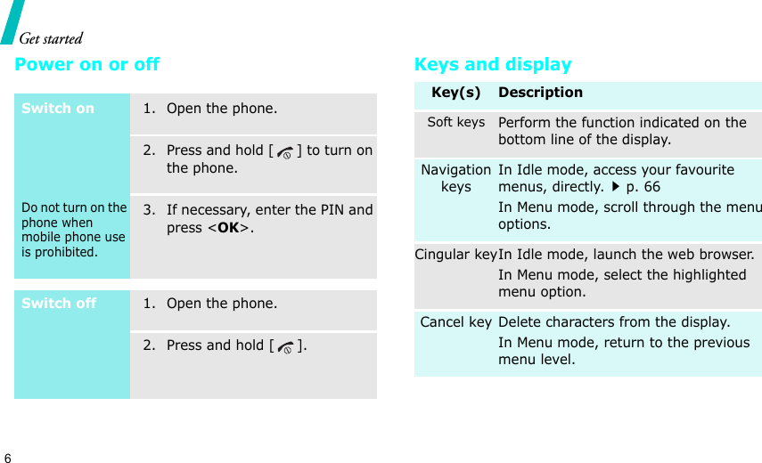 6Get startedPower on or off Keys and displaySwitch onDo not turn on the phone when mobile phone use is prohibited.1. Open the phone.2. Press and hold [ ] to turn on the phone.3. If necessary, enter the PIN and press &lt;OK&gt;.Switch off1. Open the phone.2. Press and hold [ ].Key(s) DescriptionSoft keysPerform the function indicated on the bottom line of the display.Navigation keysIn Idle mode, access your favourite menus, directly.p. 66In Menu mode, scroll through the menu options.Cingular keyIn Idle mode, launch the web browser.In Menu mode, select the highlighted menu option.Cancel key Delete characters from the display.In Menu mode, return to the previous menu level.
